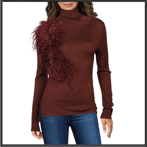 PRABAL GURUNG Maroon Frill Shoulder Cashmere Long Sleeve Turtleneck Sweater NWT